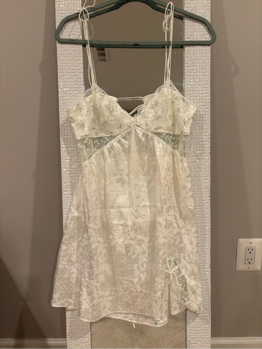 For Love & Lemons Cream Lace Chemise with Pale Green Embroidery